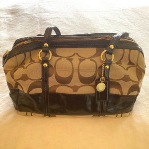 Coach Signature Collection woven jacquard fabric, brown leather handbag